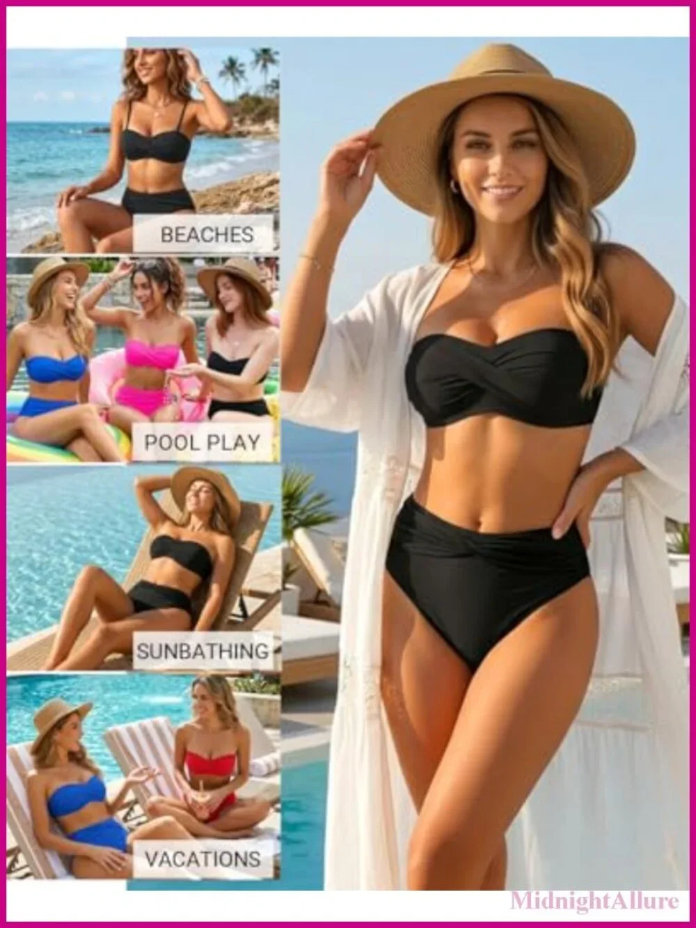 Women's High Waisted Bandeau Bikini Set Two Piece Swimsuit Push Up Strapless